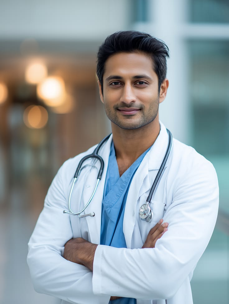 confident male doctor in hospital setting with stethoscope
